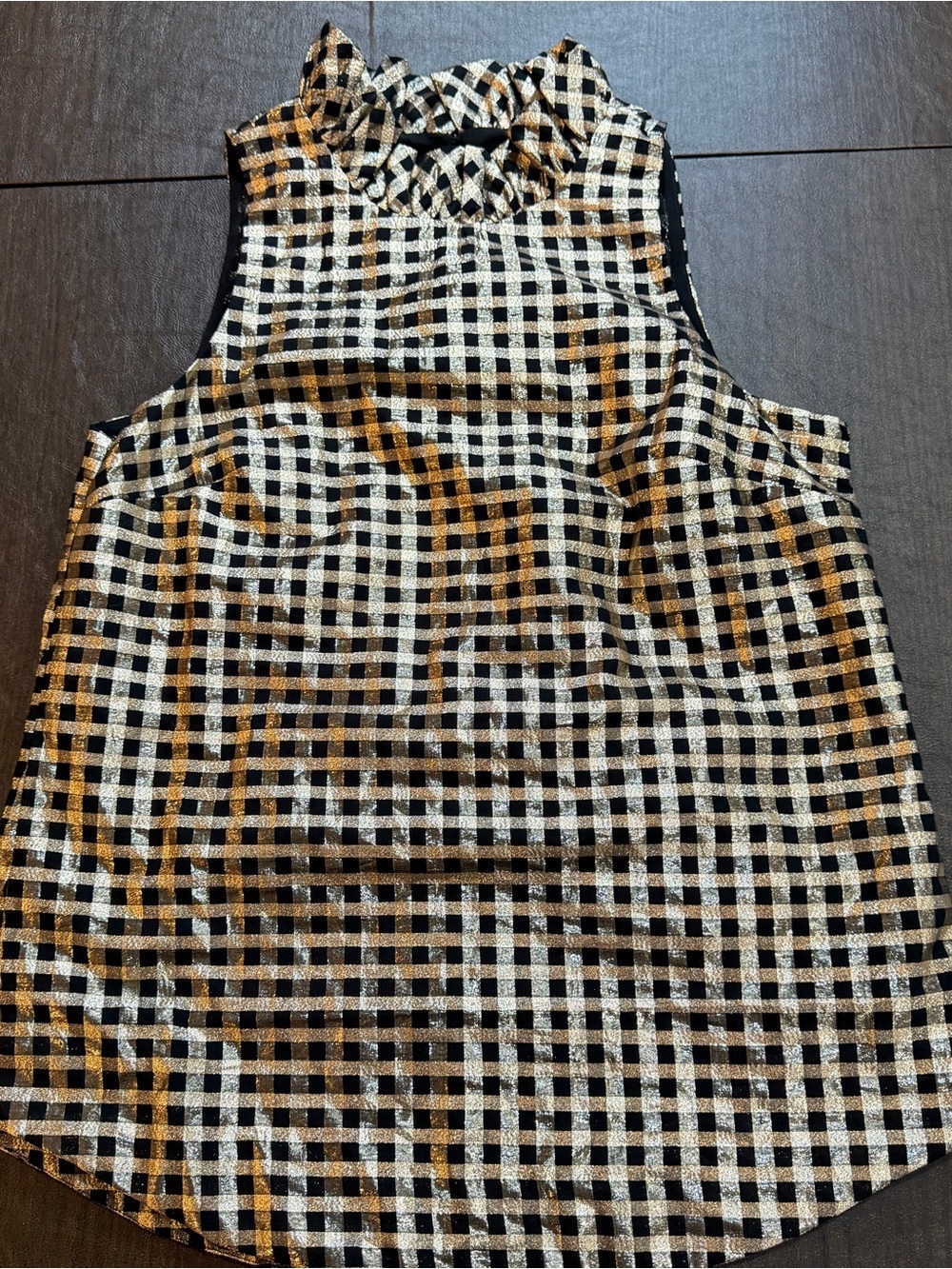 J Crew Metallic Gold and Black Gingham Ruffle Neck Sleeveless Top Sz XXS